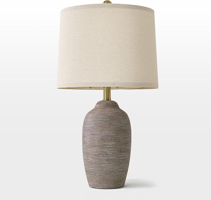 24.5" Handcrafted Ceramic Table Lamp - Single Farmhouse Vintage Rustic Bedside Lighting for Living Room, Bedroom, Entryway | Nightstand & End Table Decor with Linen Shade (Bulb Not Included) - Bloomnest