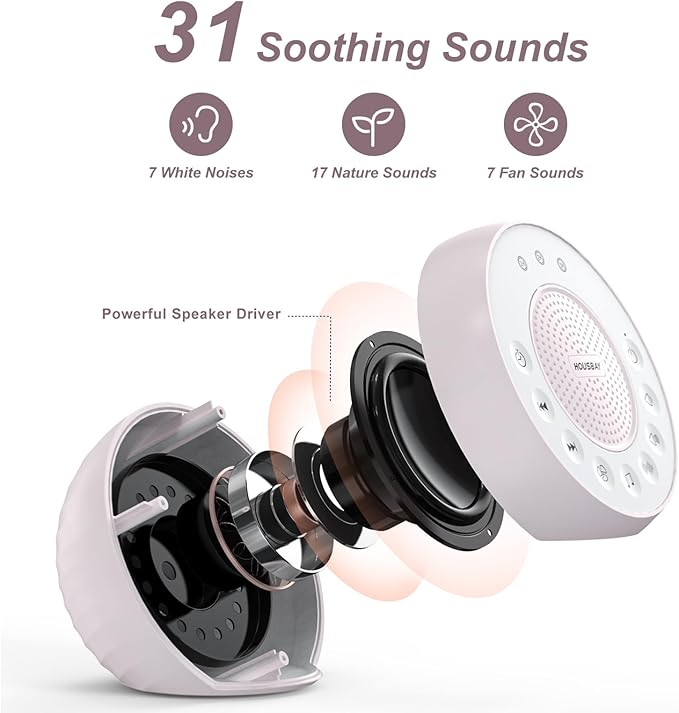 Housbay White Noise Machine with 31 High Fidelity Soothing Sounds, 5W High Power Loud Enough Speaker, Easy Volume Control, Sleep Timer, Sound Machine for Baby, Kids, Adults, Light Sleeper - Bloomnest