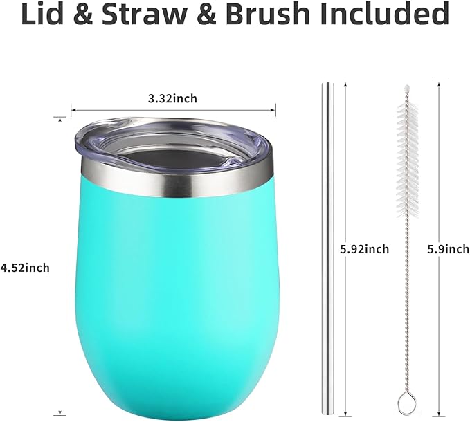 12 oz Insulated Wine Tumbler with Lid and Straw,Stainless Steel Stemless Wine Tumbler Glasses Double Wall Vacuum Wine Cups Tumbler Bulk for Coffee,Champaign,Office(Mint Green,4) - Bloomnest