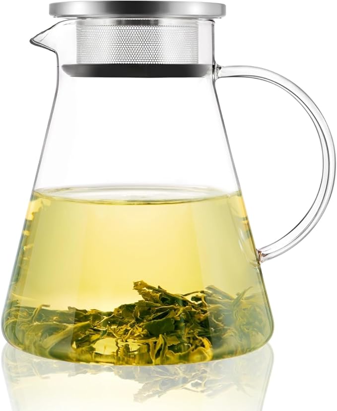 CNGLASS 40oz/1200ml Glass Teapot Stovetop Safe,One-Touch Clear Tea Kettle,Blooming and Loose Leaf Tea Maker