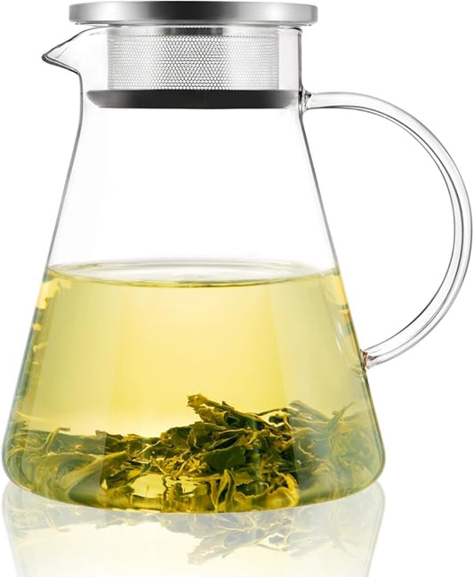 CNGLASS 40oz/1200ml Glass Teapot Stovetop Safe,One-Touch Clear Tea Kettle,Blooming and Loose Leaf Tea Maker