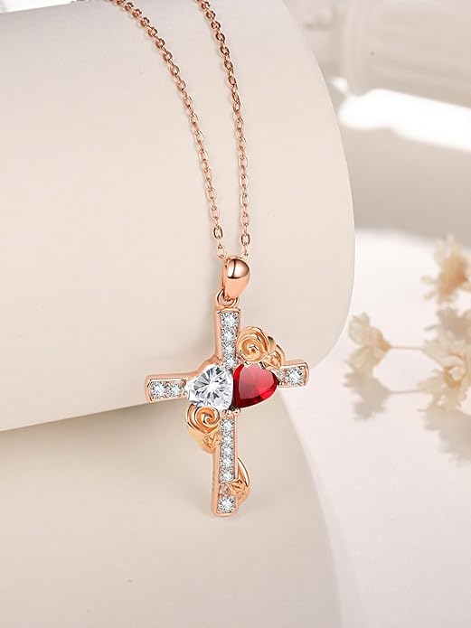 Rose Gold Dual Birthstones Cross Necklace for Women Rose Flower Jewelry Anniversary Christmas Mother's Valentine's Day Birthday Gift for Wife Girlfriend Mom - Bloomnest