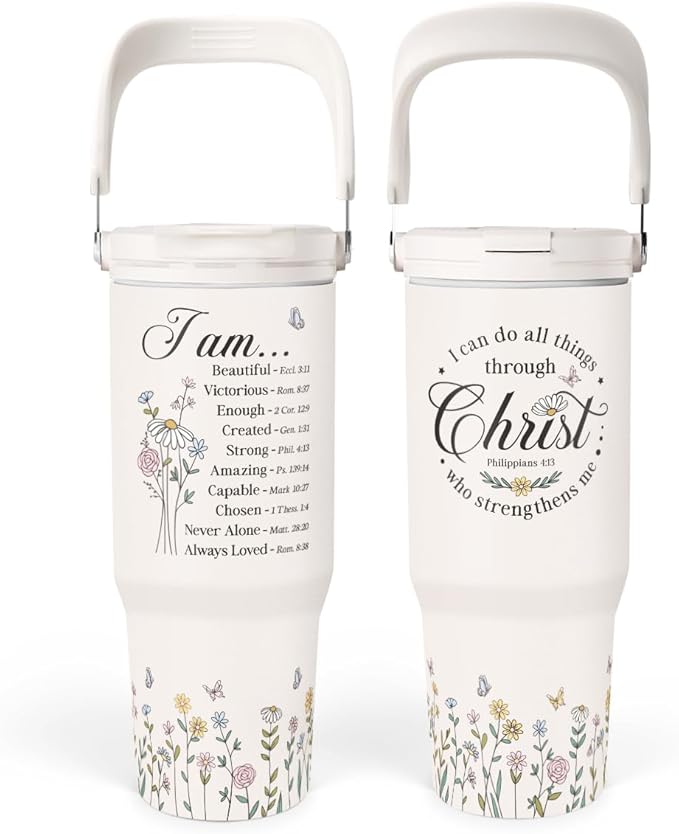 SANDJEST Christian Tumbler with Handle 30oz, Religious Gifts for Women, Stainless Steel Flip Straw Insulated Tumblers Coffee Travel Cup, Inspirational Gifts for Her for Birthday Christmas Mothers Day - Bloomnest