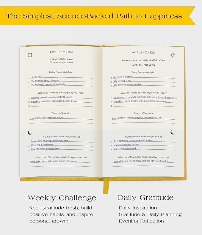 The Original Gratitude Journal with Inspiring Prompts & Quotes for Mindfulness, Reflection & Personal Growth - Daily Wellness Journal for Men & Women - Luxurious Linen Yellow Cover Bloomnest