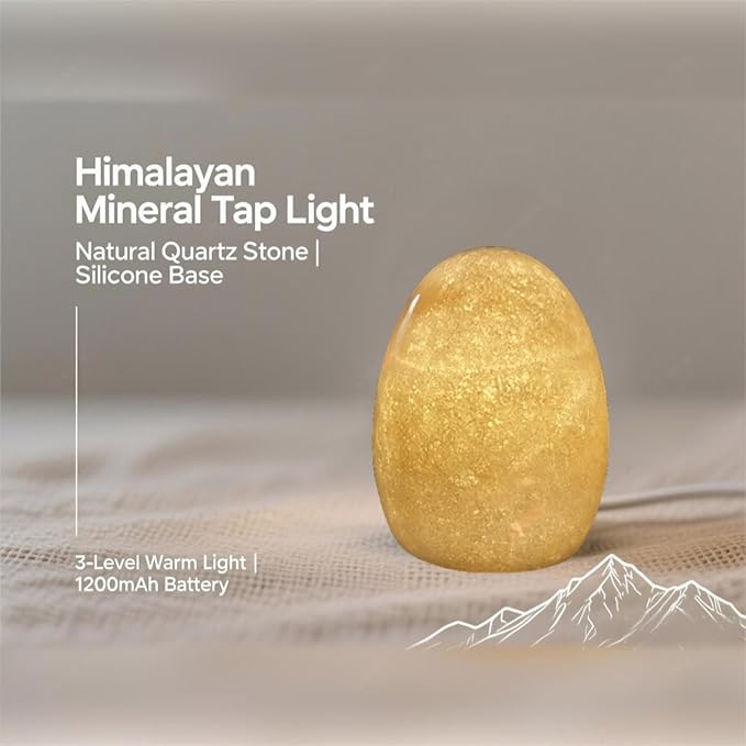 Himalayan Mineral Egg Lamp - Rechargeable Touch Control Night Light with 3-Level Warm Glow, Natural Quartz Stone Decor for Bedroom, Living Room, Office (13.5cm/5.3in) - Bloomnest