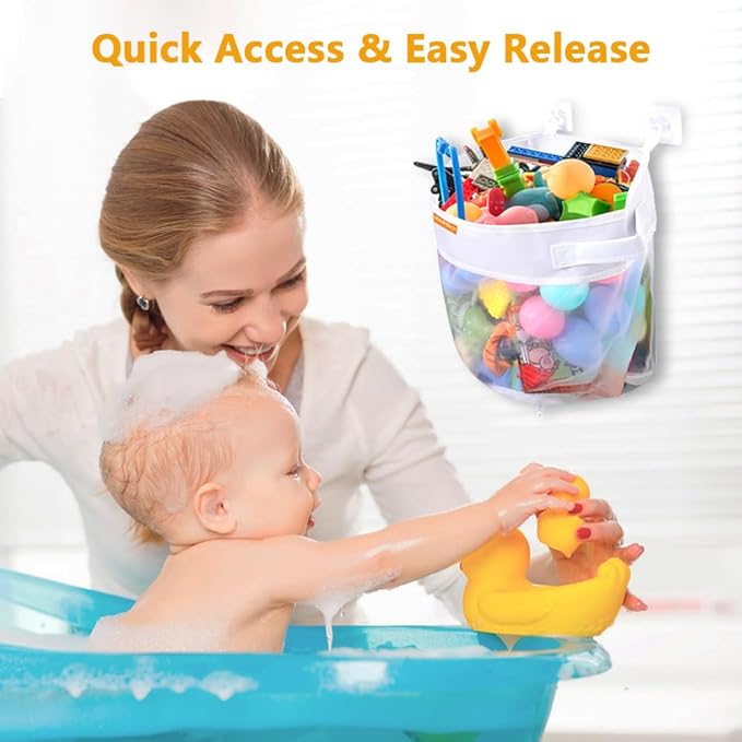 Bath Toy Organizer – Large Capacity Mesh Storage with Wide Opening, Quick Release Bottom Zipper, Wall-Mounted & Foldable, Quick Dry Baby Bathtub Toy Holder, Multi-Use Bathroom Organizer - Bloomnest