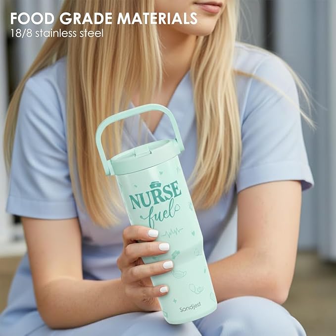 SANDJEST Nurse Fuel Stainless Steel Straw Lid Tumbler 30oz with Carry Handle for Women Girls, Insulated Travel Coffee Cup, Gift for Sports Outdoor Christmas Birthday Nurses Week Nursing School - Bloomnest