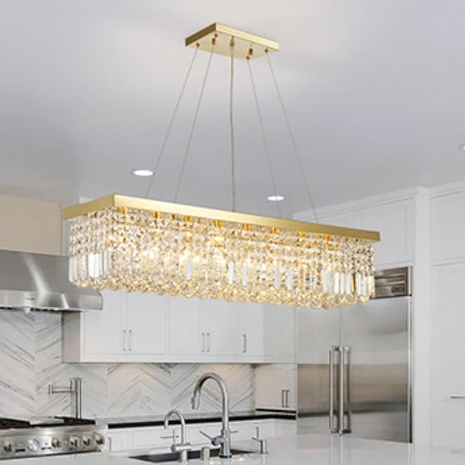 Saint Mossi 8-Lights K9 Crystal Chandelier for Dining Room, Rectangular Pendant Light Fixture for Kitchen Island, Raindrop Chandelier, X-Large Size, Chain Adjustable - Bloomnest