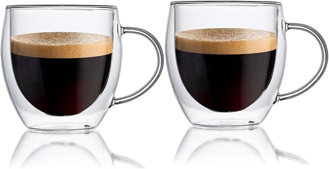 Espresso Cups Set Of 2 8 Oz, Double Walled Glass Coffee Mugs with Handle,Insulated Layer Coffee Cups,Clear Borosilicate Glass Mugs,Perfect for Cappuccino,Tea,Latte,Espresso,Hot Beverage,Wine - Bloomnest