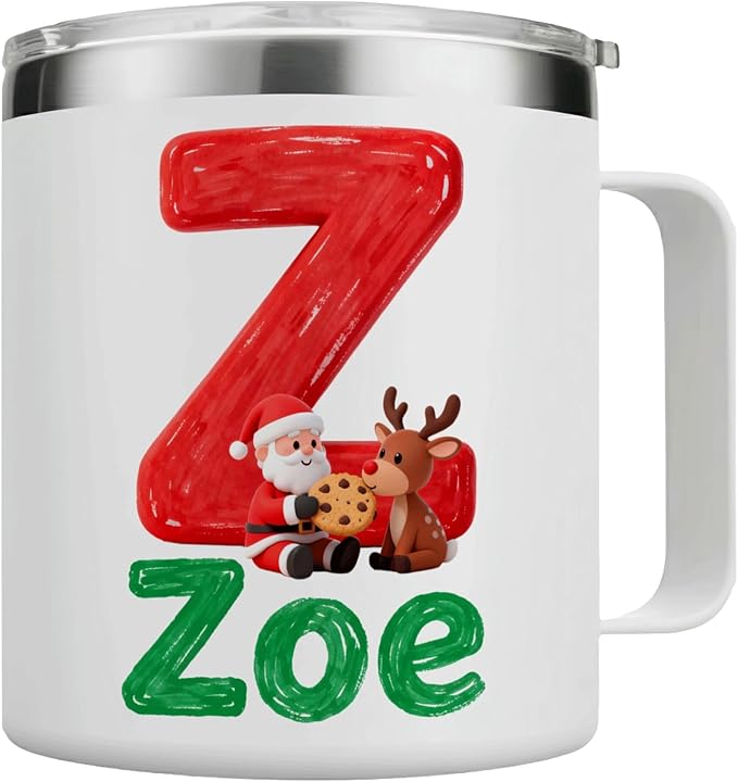 Personalized Christmas Insulated Coffee Mug with Handle – Custom Initial Letter [I] Double Wall Stainless Steel Travel Tumbler for Drinks – Unique Holiday Gift for Men, Women, & Kids(B115) - Bloomnest