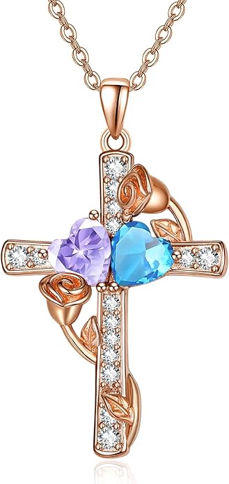 Rose Gold Dual Birthstones Cross Necklace for Women Rose Flower Jewelry Anniversary Christmas Mother's Valentine's Day Birthday Gift for Wife Girlfriend Mom - Bloomnest