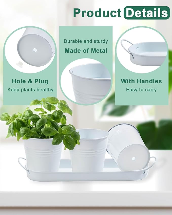vensovo Indoor Herb Planter Set - Galvanized Windowsill Garden Pots with Tray & Drainage, Set of 3 Metal Window Planters for Kitchen & Outdoor Use, White - Bloomnest