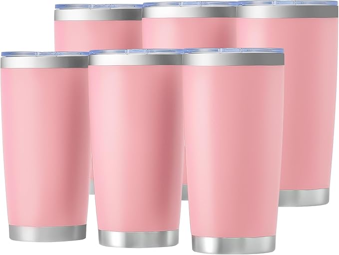 OMTech 20oz Tumblers Bulk, 6pc Stainless Steel Tumbler Set with Lid & Straw, Double Wall Vacuum Insulated Mug for Laser Engraver, Travel Coffee Mug for Hot & Cold Drinks, Pink Powder Coated Cup - Bloomnest