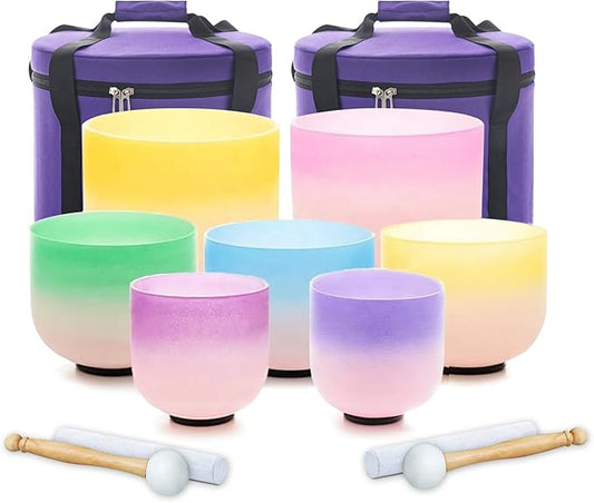 Singing Bowls 7-12 inch 432HZ Light Color Frosted Chakra Handmade Quartz Crystal Sound Healing Meditation Yoga with 2 Travel Carry Cases Bags 2 Mallets Suede 2 Strikers 7 O-rings - Bloomnest
