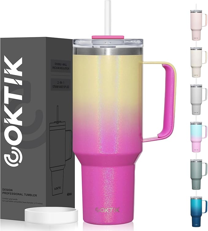 COKTIK 40 oz Tumbler With Handle and Straw Lid, Vacuum Insulated Travel Coffee Mug Stainless Steel Insulated Cup for Beverages, Leak-proof, Cupholder Friendly (Glitter Rainbow) - Bloomnest