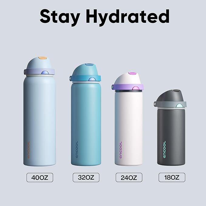 Insulated Water Bottle with Straw - Encool Stainless Steel Water Bottle with Push Button Lid, Leak-Proof & BPA-Free, Keeps Cold for 24 Hours for Sports, Travel, Gym (32 oz, Silver Grey) ENCOOL