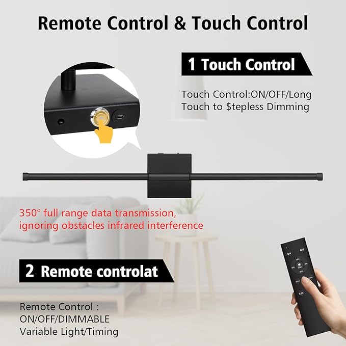 Wall Sconces Battery Operated, Wall Sconces 3000K-6000K Dimmable Rechargeable Wall Sconce with Remote Control, 350°Rotate LED Wireless Wall Lights for Living Room, Hallway, Bedroom(Black) - Bloomnest