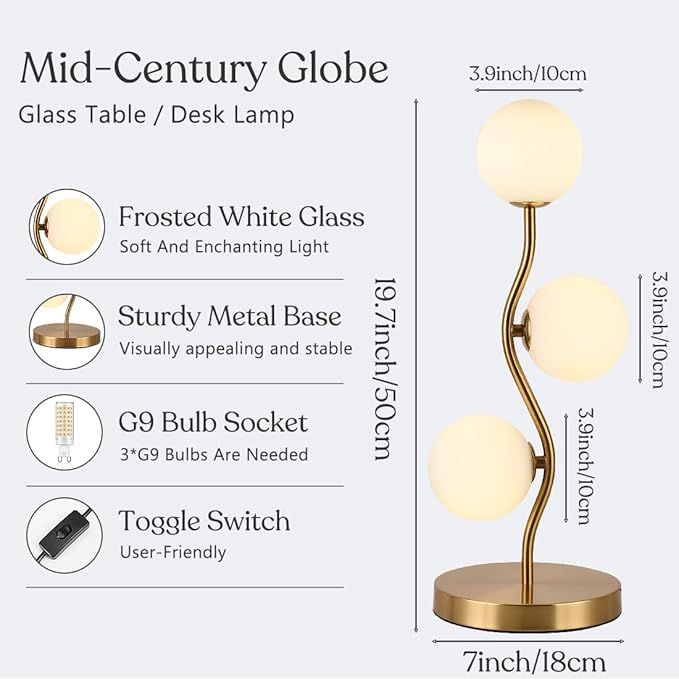 Mid Century Gold Globe Table Lamp 3-Light Flower Curve Beside Desk Table Light with Milk White Glass Shade Metal Base Nightstand Lamp for Bedroom Bedside - Bloomnest