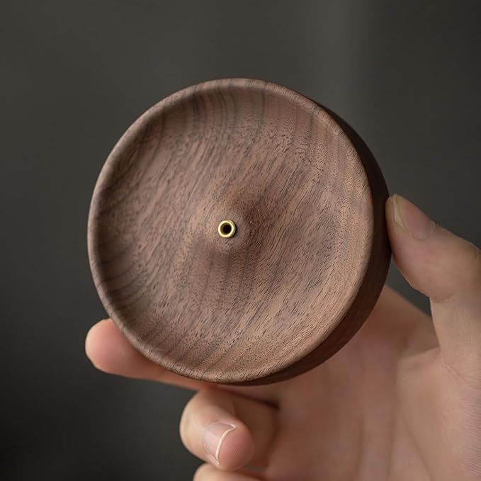 Black Walnut Incense Holder for Sticks - Round Wooden Incense Burner Tray, Handcrafted Natural Aroma Diffuser Bowl with Minimalist Design