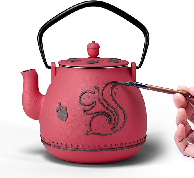 Toptier Teapot with Removable Infuser, Cast Iron Tea Kettle Stovetop Safe, Squirrel Design Tea Pot Coated with Enameled Interior for 32 Ounce (950 ml), Red - Bloomnest