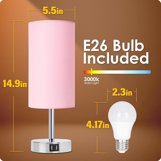 Yarra-Decor Bedside Lamp with USB Port - Touch Control Table Lamp for Bedroom 3 Way Dimmable Nightstand Lamp with Round Pink Fabric Shade for Living Room, Dorm, Home Office (LED Bulb Included) - Bloomnest