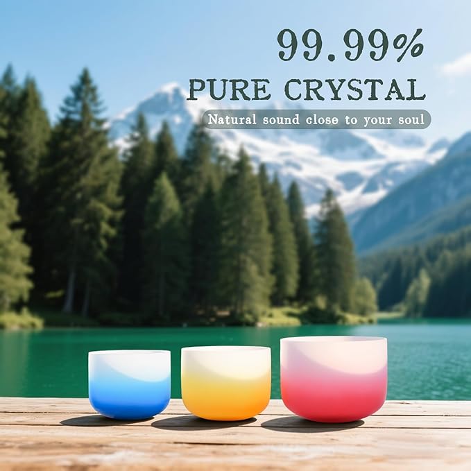 432HZ PCS Aria Gradient GEC Crystal Singing Bowl Set of 3, 8"G Throat, 10"E Solar Plexus, 12” Root with Case Suede Striker & O-Ring Sound Therapy for Reiki, Healing Energy - Bloomnest