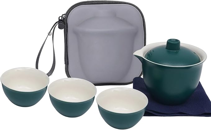 Porcelain Chinese Gongfu Tea Sets for Adults Portable Kungfu Teapot and Cup Set Small Ceramic Tea Party Set Travel Teaset with Lid for Home Gifting Outdoor and Office (Green) - Bloomnest