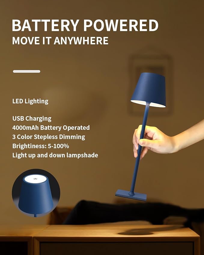 KDG 2 Pack Cordless Table Lamp,Portable LED Desk Lamp, 4000mAh Battery Operated, 3 Color Stepless Dimming Up, for Restaurant/Bedroom/Bars/Outdoor Party/Camping/Coffee Shop Night Light(Blue) - Bloomnest