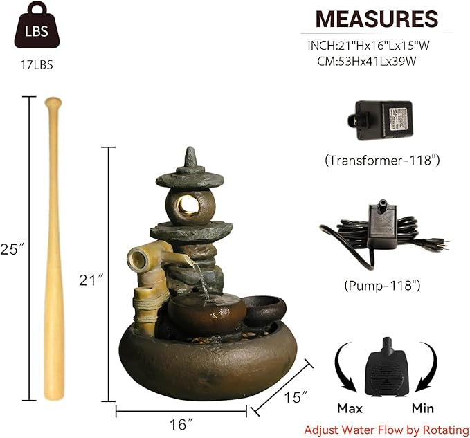 21" H Pagoda and Bamboo Outdoor&Indoor Outdoor Water Fountain, Natural Zen Decor Desian Outside Waterfall with LED Lights - Suitable for Garden/Patio/Yard/Deck/Balcony and Home Art Decor Resin - Bloomnest