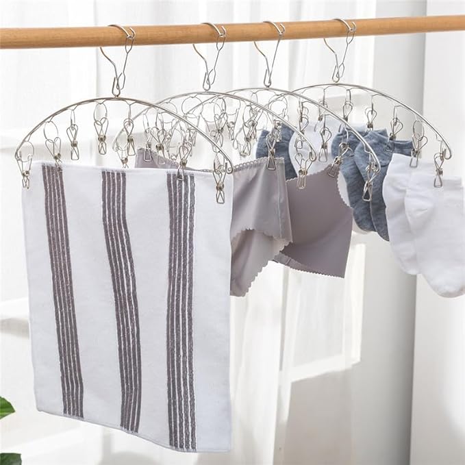 2Pcs Clothes Drying Hanger with 16 Clips, Stainless Steel Sock Air Drying Rack, Windproof Anti-Lost for All Small Laudry Item and Herbs - Bloomnest