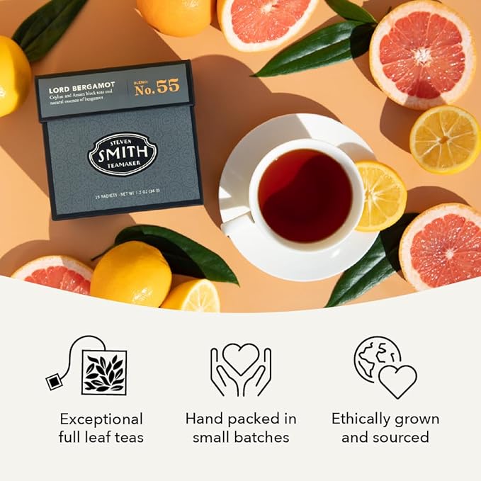 Steven Smith Teamaker Lord Bergamot No. 55, Caffeinated, Sugar-Free, Sustainably Grown, Full Leaf Earl Grey Black Tea Bags, 15 Sachets, 1.2oz each - Bloomnest