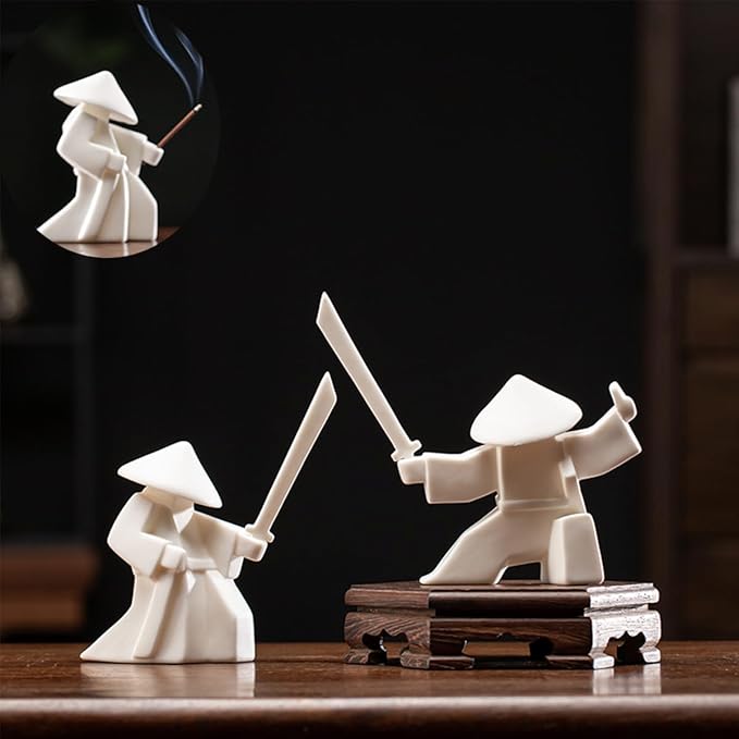 EAEMDY Samurai Figure Figurine Japanese Warrior Statue Decor for Table Room, Incense Holder for Stick Burner Incense Stick Holder, Kongfu Tea Pet Decoration (2. White A+B) - Bloomnest