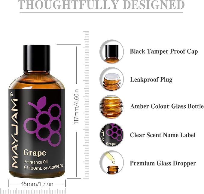 MAYJAM 100ML/3.38FL.OZ Grape Fragrance Oils with Glass Dropper, Essential Oils for Diffusers for Home, Long Lasting Scented Oils for Diffusers Soap Candle Making - Bloomnest