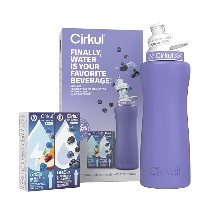 Cirkul 32oz. Matte Periwinkle Stainless Steel Water Bottle Starter Kit with Purple Lid, 2 Flavor Cartridges (1 LifeSip Blackberry Blueberry, 1 GoSip Berry Blue Punch) No Sugar, Zero Calorie Drink Mix Cirkul