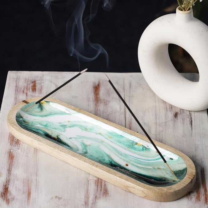 The Art Box Hand-Painted Incense Burner Holder Aquamarine - 12x4x1 inch Wooden Long Incense Stick Tray Holder for Modern Gift, Ash Catcher Incense Stick Holder - Meditation & Yoga - Bloomnest