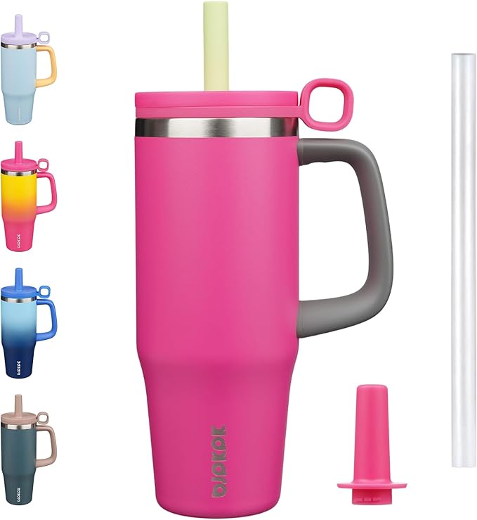 BJPKPK 32oz Stainless Steel Insulated Tumbler with Handle and Straw Travel Coffee Mug Thermal Cups with Lid,Barbie Pink - Bloomnest