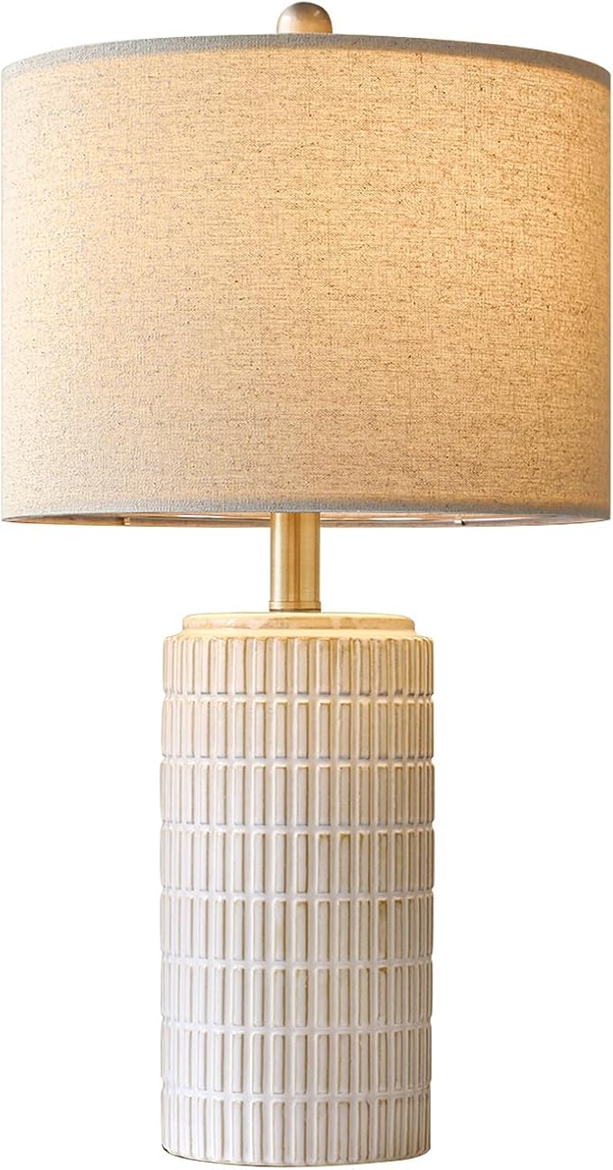 PoKat 23'' Bedside Table Lamp for Bedroom Nightstands, Ceramic Lamp for Living Room, White Night Stand Light with Round Linen Shade, Modern, Silver - Bloomnest
