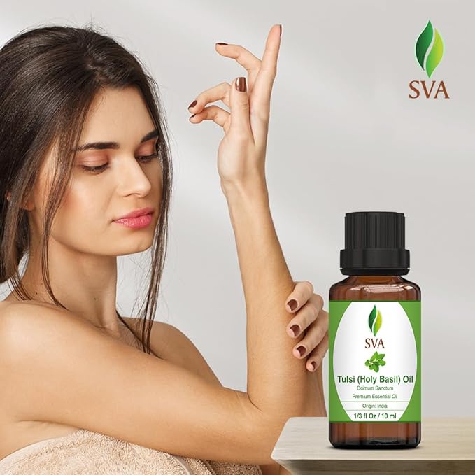 SVA Holy Tulsi Essential Oil – 1/3 Fl Oz – 100% Natural Tulsi Oil - for Diffuser, Hair Care, Face, Skin Care, Aromatherapy, Scalp and Body Massage, Soap and Candle Making - Bloomnest