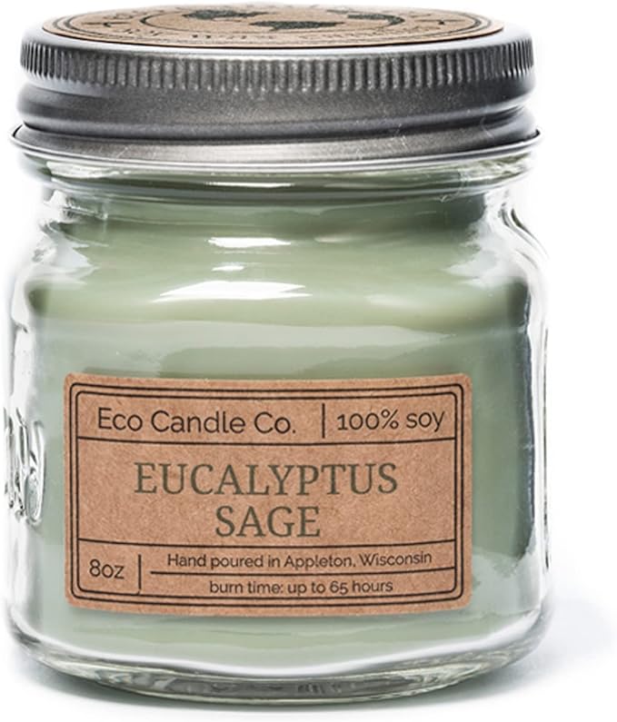 ECO CANDLE CO. Mason Jar Candle, Eucalyptus Sage, 8 oz. - Scents of Eucalyptus, Sandalwood, Rosemary, & Sage - 100% Soy Wax, No Lead, Kraft Label & Antiqued Pewter Lid, Hand Poured, Midwest Soybeans - Bloomnest