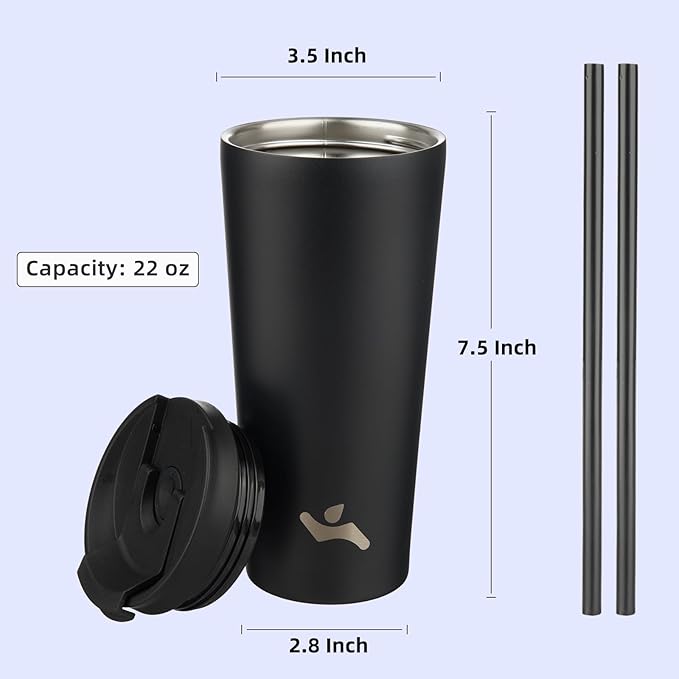 22 OZ Insulated Tumbler with Lid and 2 Straws Stainless Steel Water Bottle Vacuum Travel Mug Coffee Cup,Blue - Bloomnest
