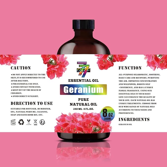 Geranium Essential Oil (8 oz / 240 ml) – Geranium Oils for diffusers, humidifiers, Home Baths, Cleaning Products, Yoga, DIY Soaps and DIY Scented Candles - Bloomnest