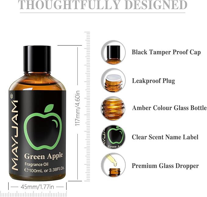 MAYJAM 3.38FL.OZ Green Apple Fragrance Oils with Glass Dropper, 100ML Essential Oils for Diffusers for Home, Long Lasting Scented Oils for Diffusers Soap Candle Making - Bloomnest