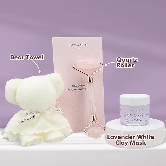 Natural Amor Lavender Spa Gift Set – 6 pcs Handmade Self-Care Kit with Body Butter, Bath Salt, Clay Mask, Candle, Jade Roller & Bear Headband – Relaxation Gift for Women - Bloomnest