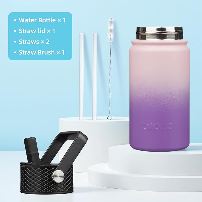 BJPKPK Insulated Water Bottle with Straw Lid, 15oz Cute Water Bottles, Stainless Steel Metal Thermo, Reusable BPA Free Leak Proof Tumblers, Cups,Violet - Bloomnest