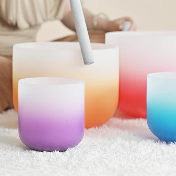 CVNC 432HZ 6-12 Inch Set of 7 PCS Aria Gradient Design Frosted Quartz Crystal Singing Bowls with 2 PCS Carry Case Bag for Sound Healing and Therapy Meditation - Bloomnest