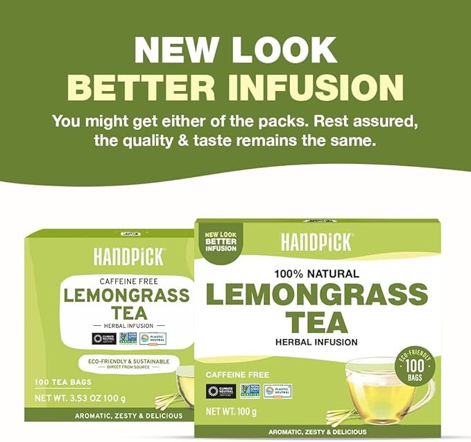 HANDPICK, Lemongrass Tea Bags (100 Count) Non-GMO, Caffeine Free - Quality Lemongrass Herbal Tea- Eco-conscious Round Tea Bags | Brew Hot or Iced Tea - Bloomnest