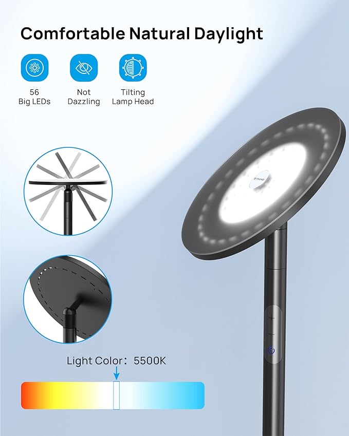 TROND Floor Lamp, Bright Sky LED Modern Torchiere Lamp, 71 in Tall Aluminum Pole Light, 5500K Natural Daylight Standing Light, Touch 5-Level Dimmable, 5000 lm, 30 Mins Timer for Living Room Bedroom - Bloomnest