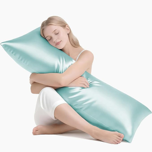 MR&HM Satin Body Pillow Cover, Soft and Breathable Body Pillow Case with Envelope Closure, Cooling and Silky Long Pillowcase for Hair and Skin,Grey (20x54, Turquoise) - Bloomnest