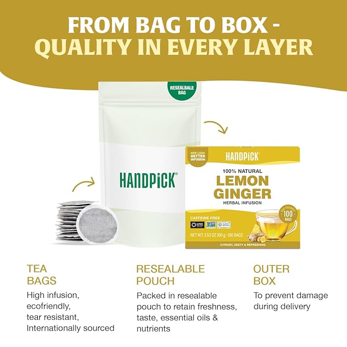 HANDPICK, Lemon Ginger Herbal Tea - 100 Pyramid Tea Bags | 100% Natural Ingredients, Tasty & Citrusy Hand-made Blend of Lemon & Ginger | Caffeine Free, Gluten Free | No Artificial Ingredients - Bloomnest