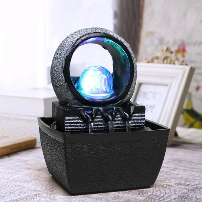 Indoor Waterfall Tabletop Fountain, Rockery Water Fountains Tabletop Decoration Relaxation with LED Light, Rockery Fountain with Ball for Home and Office Bedroom Decoration